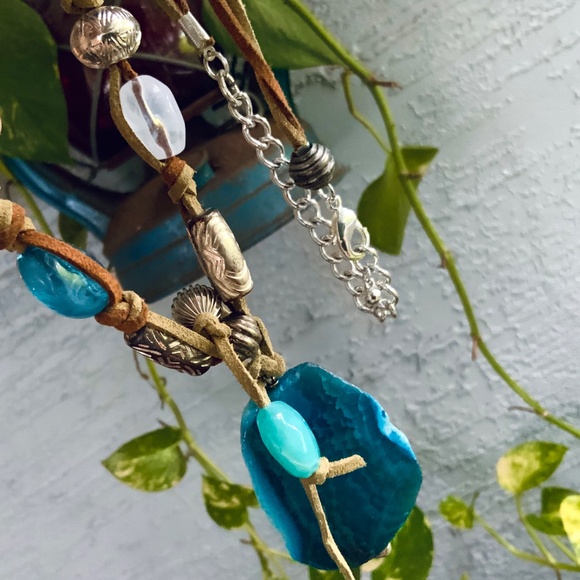 GENUINE STONE PENDANT BOHO CHIC LEATHER BEADED NECKLACE - NWOT - Picture 6 of 9